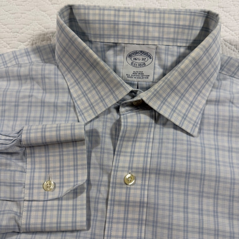 Brooks Brothers Mens 16 1/2 32 Slim Fit Non Iron Plaid Dress Shirt Supima Cotton